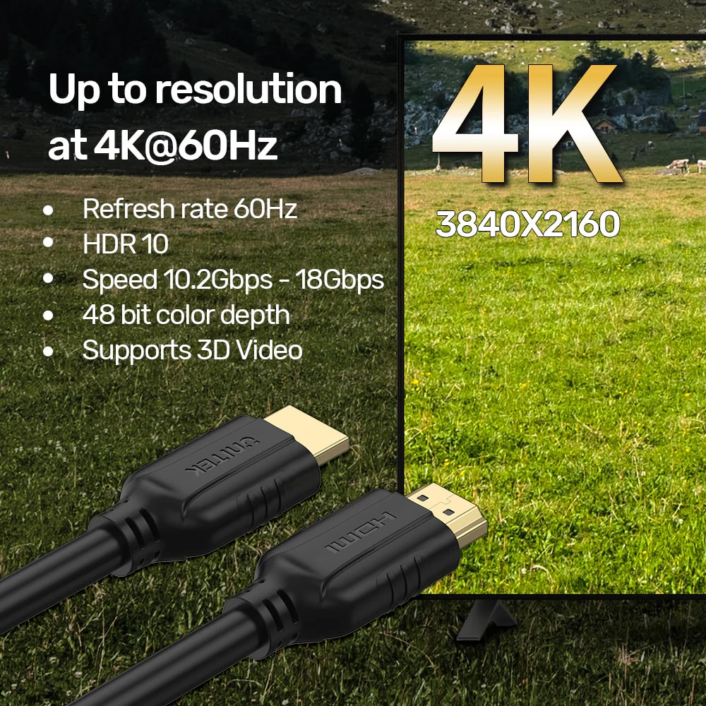 4K çözünürlük ve özellikler gösteren bir TV ekranının önünde iki siyah HDMI kablosu.
