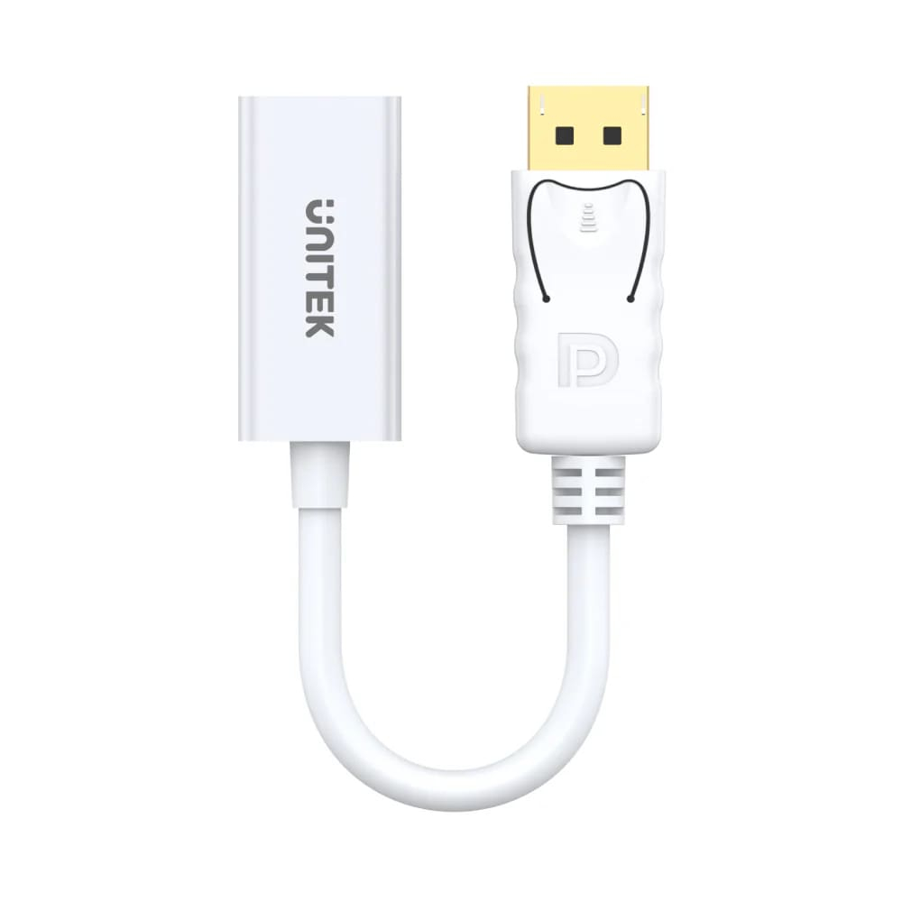 Biały adapter Unitek DisplayPort na HDMI z krótkim, w kształcie litery U kablem na białym tle.