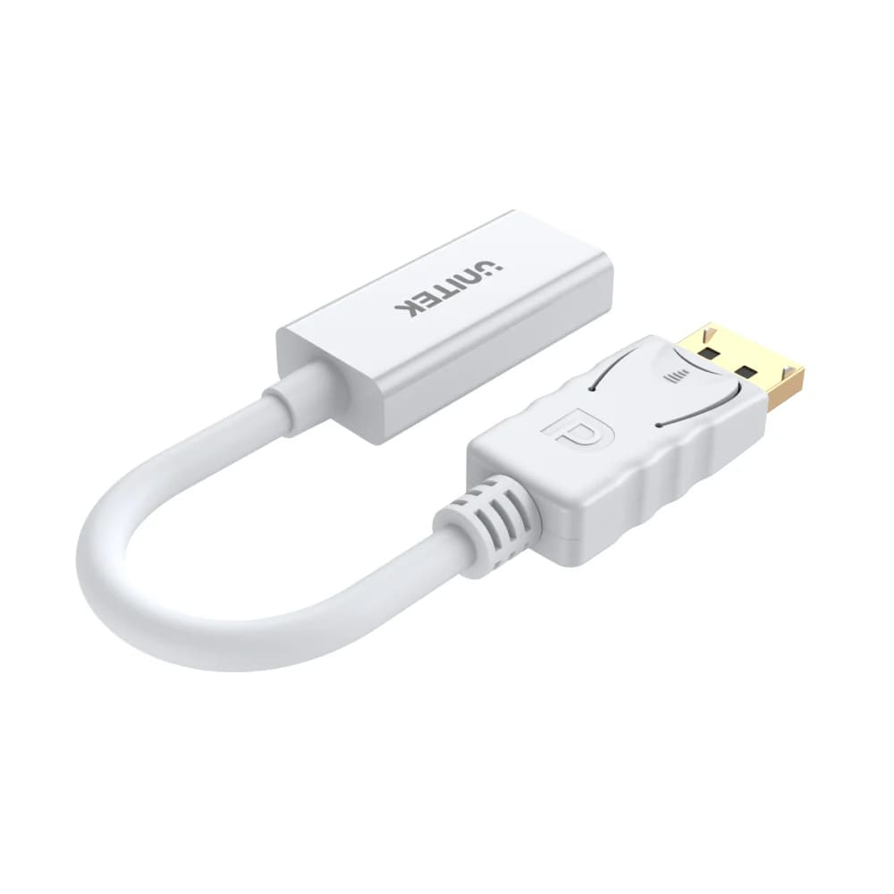 Biały adapter Unitek DisplayPort na HDMI z krótkim kablem na białym tle.