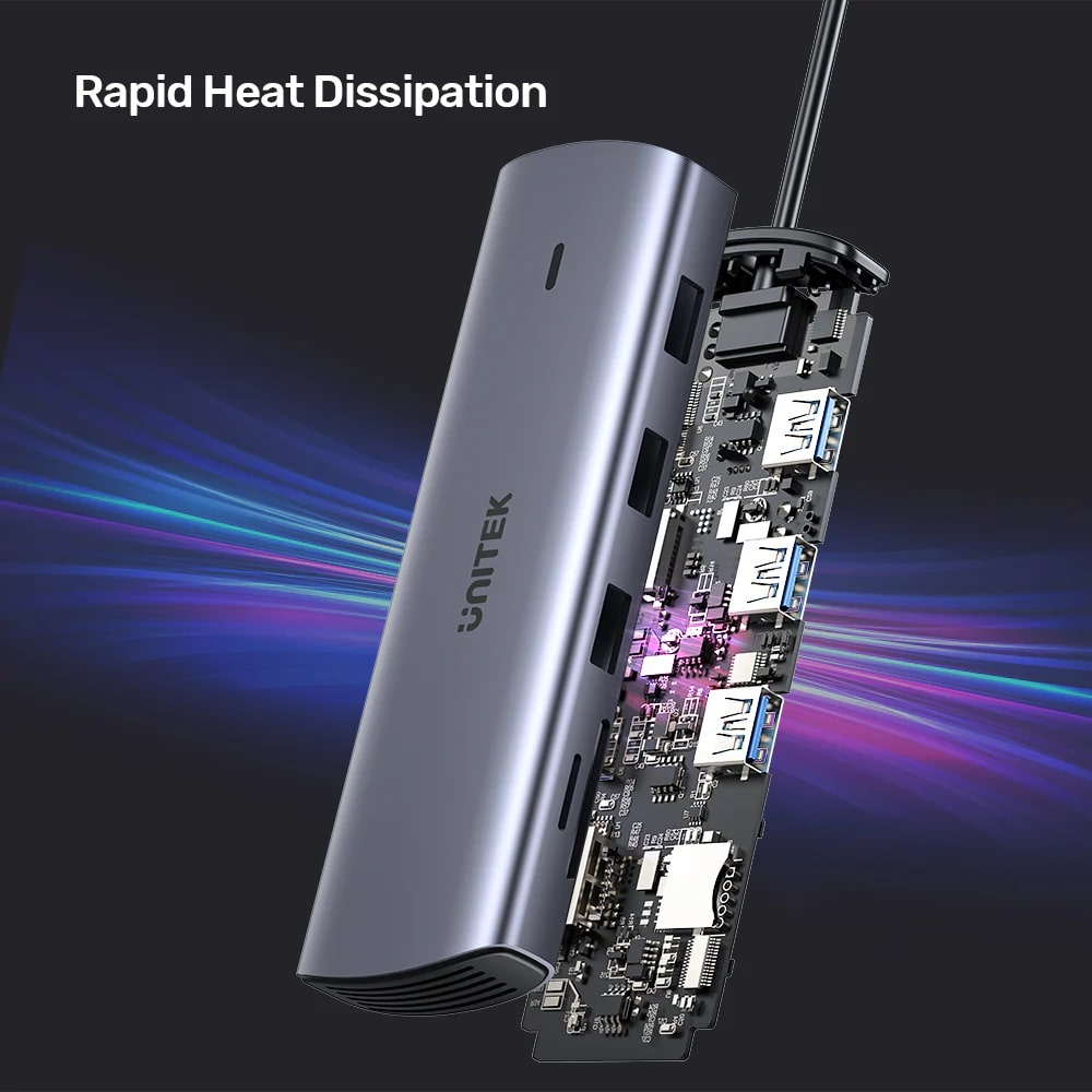Hub USB Unitek grigio con involucro aperto che mostra il circuito stampato e le porte.