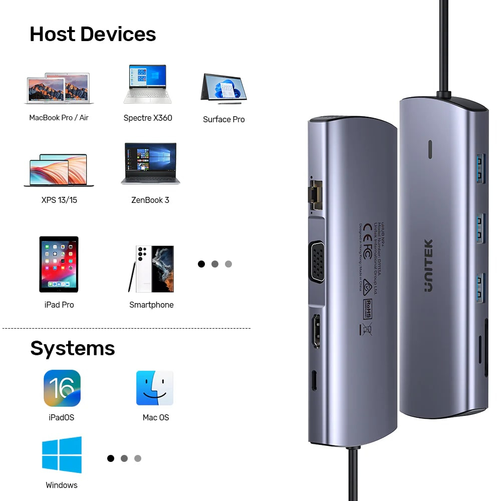 Hub USB Unitek grigio con porte multiple che mostra laptop, tablet e sistemi operativi compatibili.