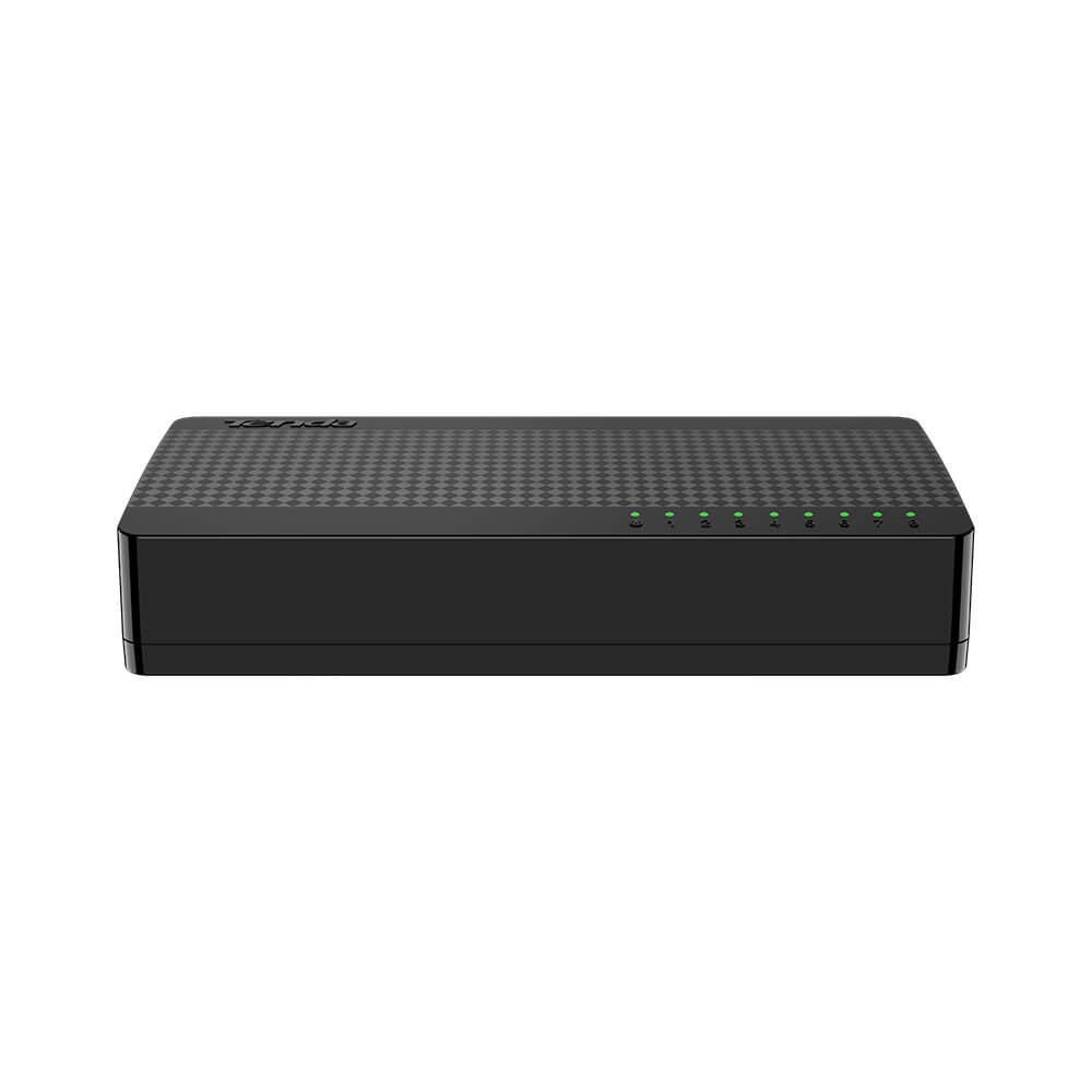Ein schwarzer Tenda-Netzwerkrouter mit dezenter Oberflächenstruktur und grünen Status-LEDs.