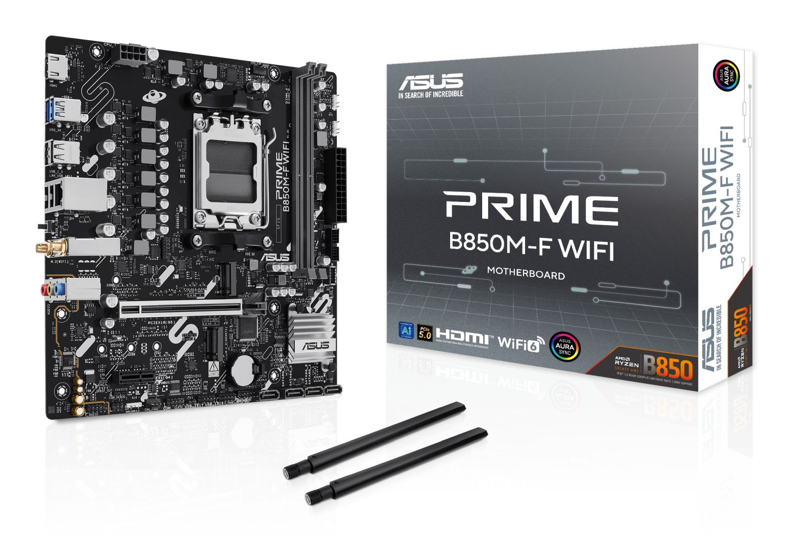 Carte mère ASUS PRIME B850M-F WIFI avec sa boîte et deux antennes noires sur fond blanc.