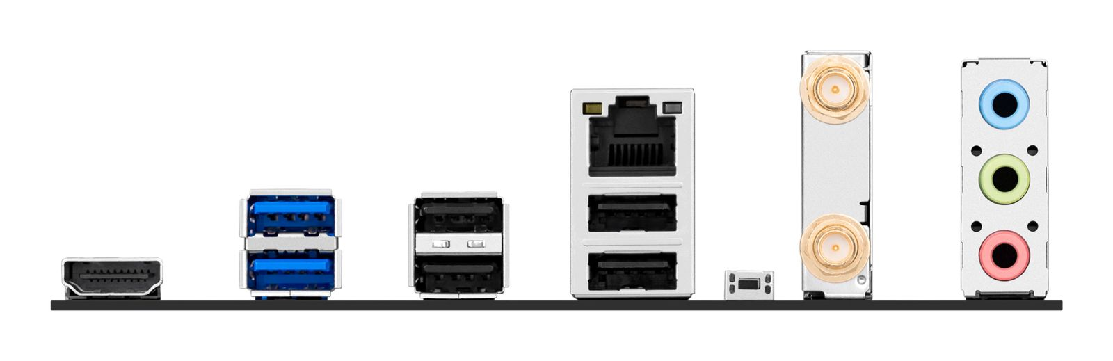 Panneau d'E/S arrière d'une carte mère avec ports HDMI, USB, Ethernet, antenne et audio.