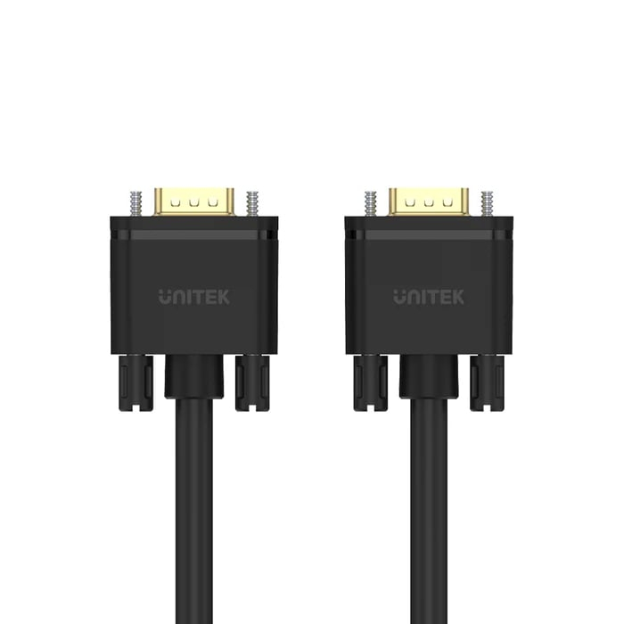 Beyaz arka planda altın rengi portlu ve vidalı iki siyah Unitek HDMI kablo konnektörü.