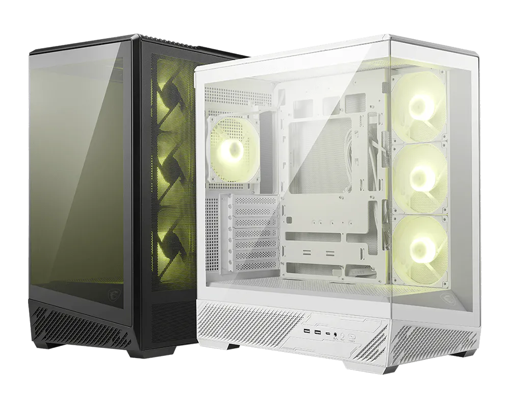 Dos torres de PC con paneles de vidrio están una al lado de la otra, una negra y otra blanca con ventiladores.