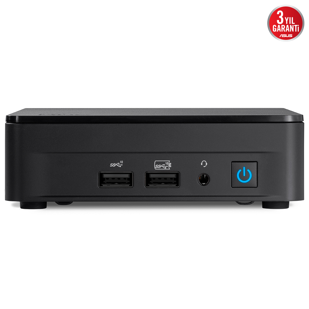 Ön yüzünde iki USB bağlantı noktası, kulaklık jakı ve mavi güç düğmesi bulunan siyah mini PC.