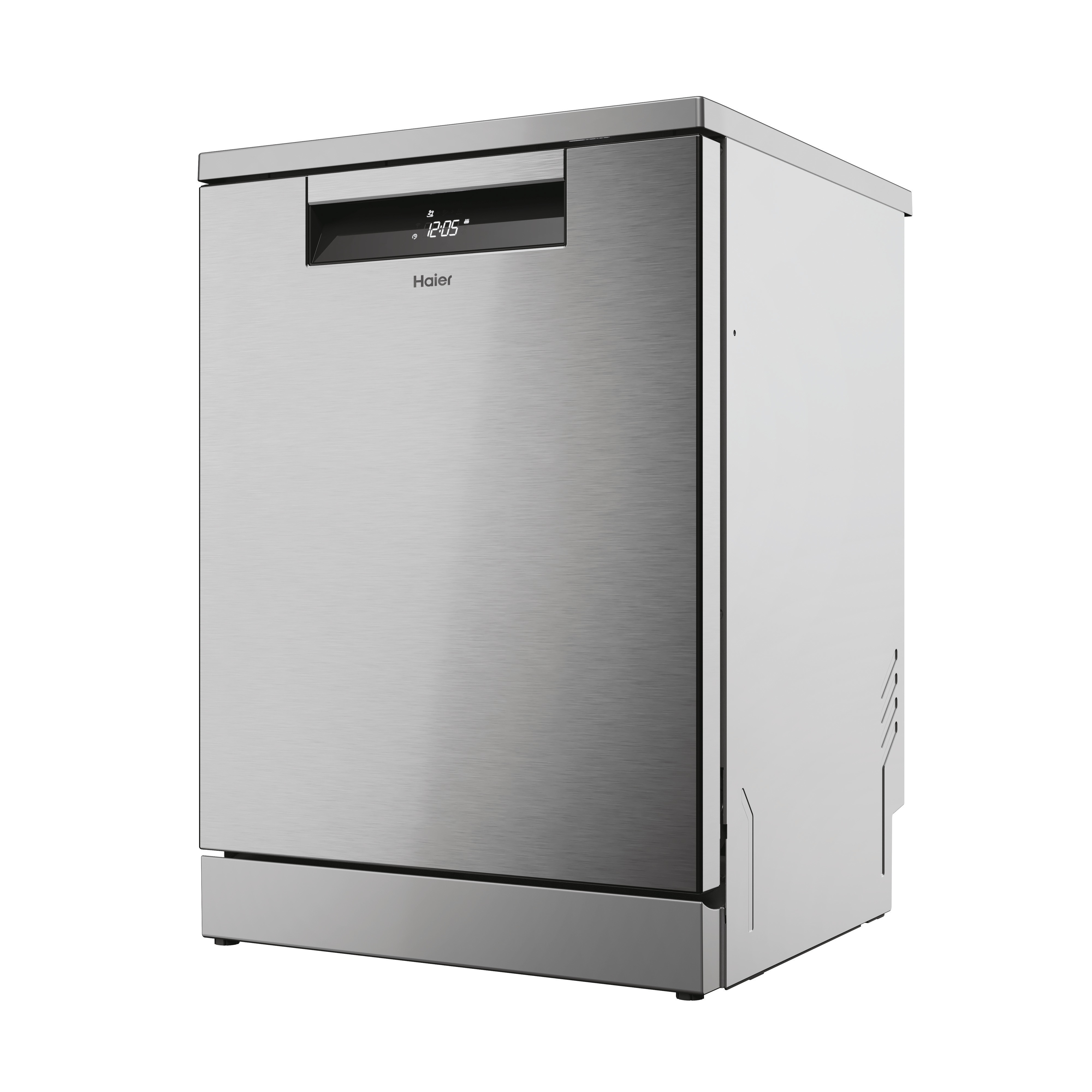Freestanding silver Haier dishwasher with a black digital display.