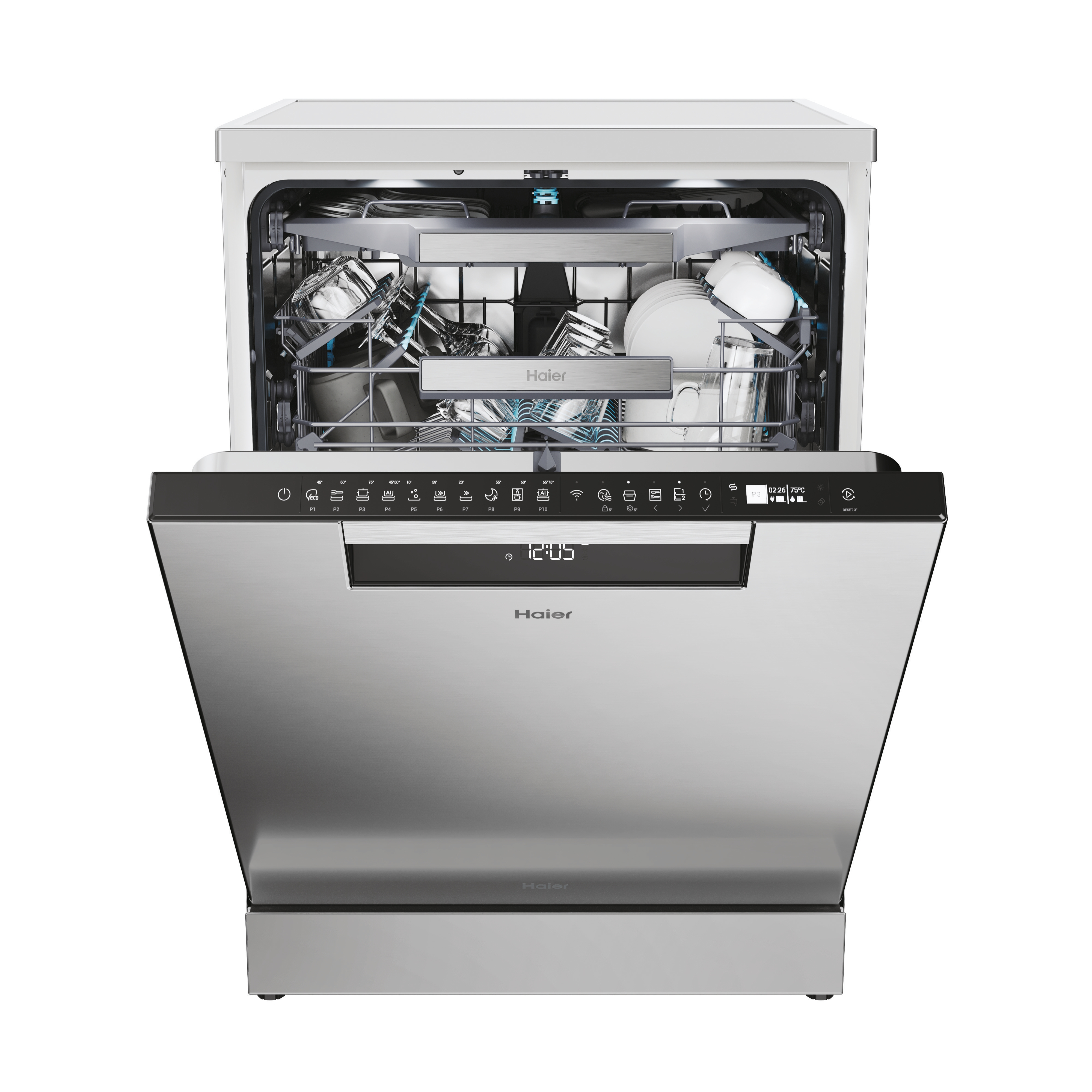 Open Haier stainless steel dishwasher with loaded racks and a digital display.