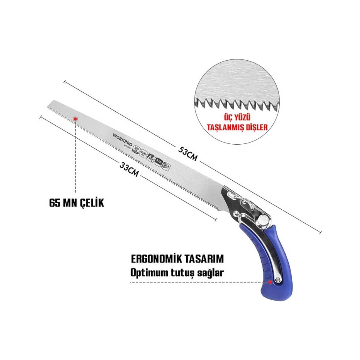 Ergonomik mavi saplı ve ölçülü çelik testere.