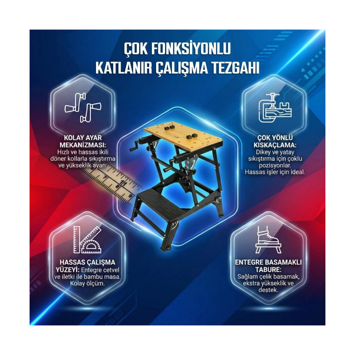 Çok fonksiyonlu katlanır çalışma tezgahı, aletler ve özellikler.