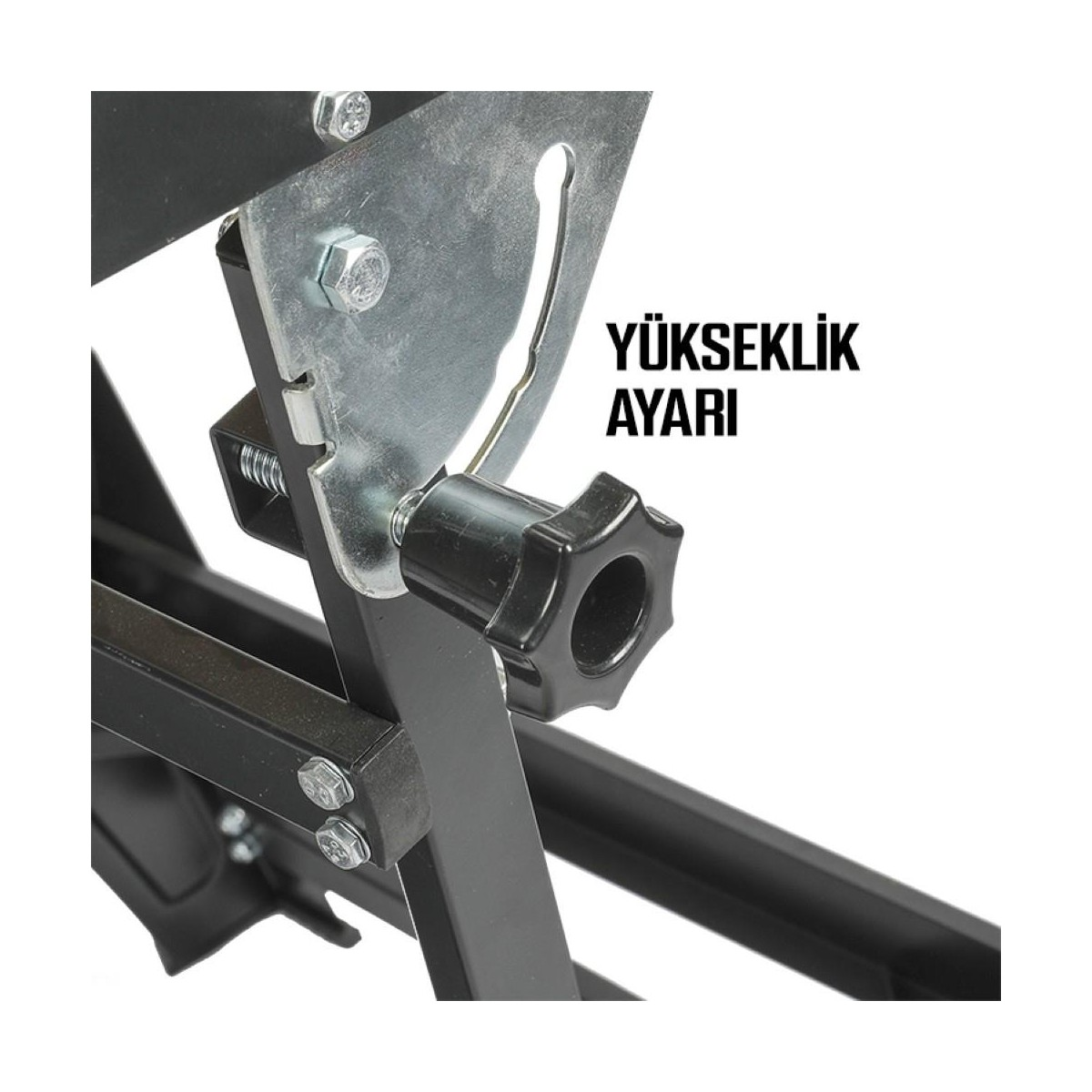 Yükseklik ayarı yazılı ve ayar düğmeli siyah metal çerçevenin yakın plan görüntüsü.