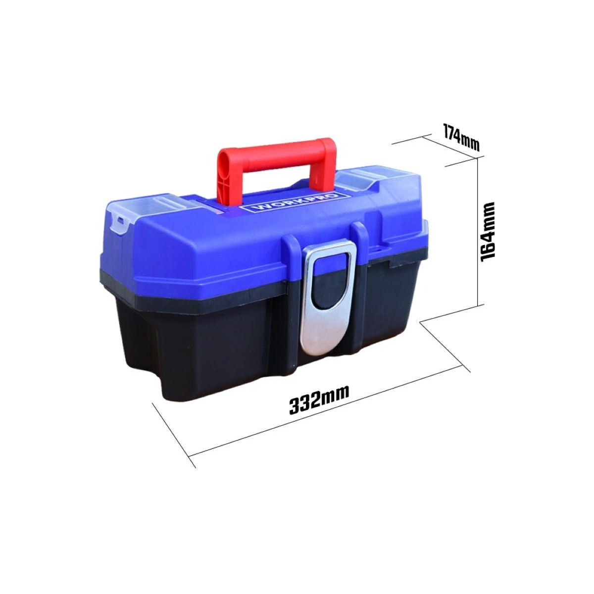 Kırmızı saplı, mavi ve siyah plastik takım çantası; 332mm, 164mm ve 174mm ölçü çizgileriyle birlikte.