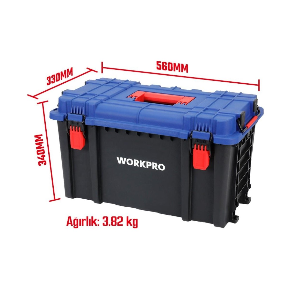 Siyah ve mavi Workpro plastik takım çantası, kırmızı kilitli, ölçüleri ve ağırlığı belirtilmiş.