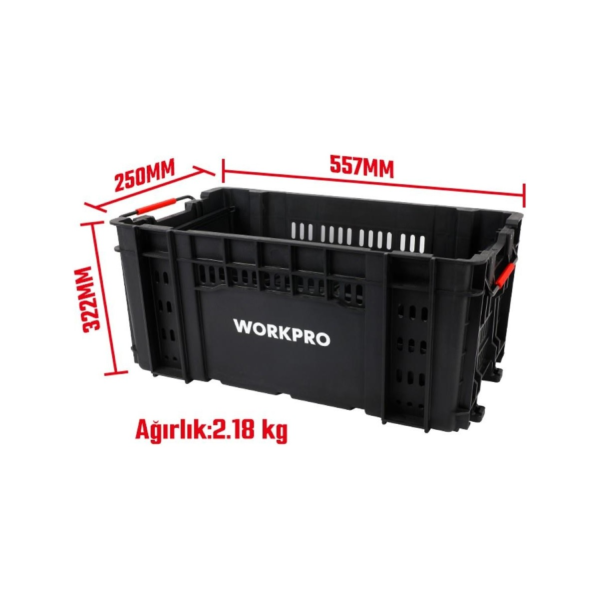 Beyaz arka planda kırmızı ölçü çizgileri ve 2.18 kg ağırlığı olan siyah Workpro saklama kutusu.