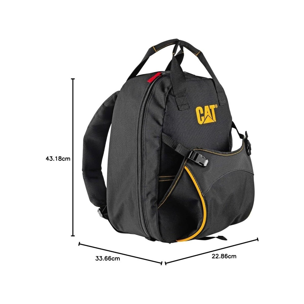 Sarı logolu ve ölçülü siyah Caterpillar sırt çantası.