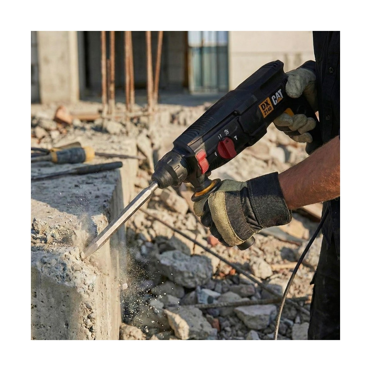 Bir işçi, şantiyedeki beton duvarı kırmak için büyük bir kırıcı matkap kullanıyor.
