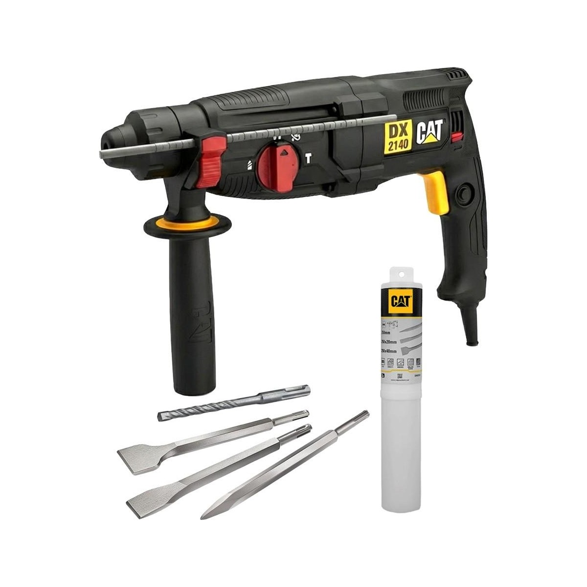 Siyah renkli CAT DX 2140 kırıcı delici, tutamak, üç keski, bir matkap ucu ve beyaz arka planda tüp ile.