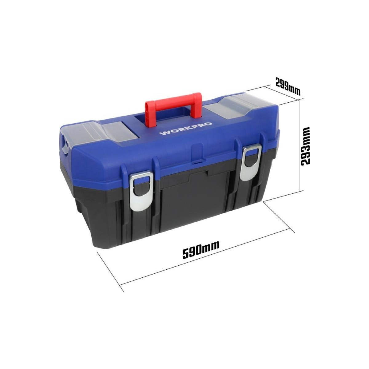 Kırmızı saplı ve 590mm, 293mm, 299mm ölçü çizgili mavi-siyah Workpro takım çantası.