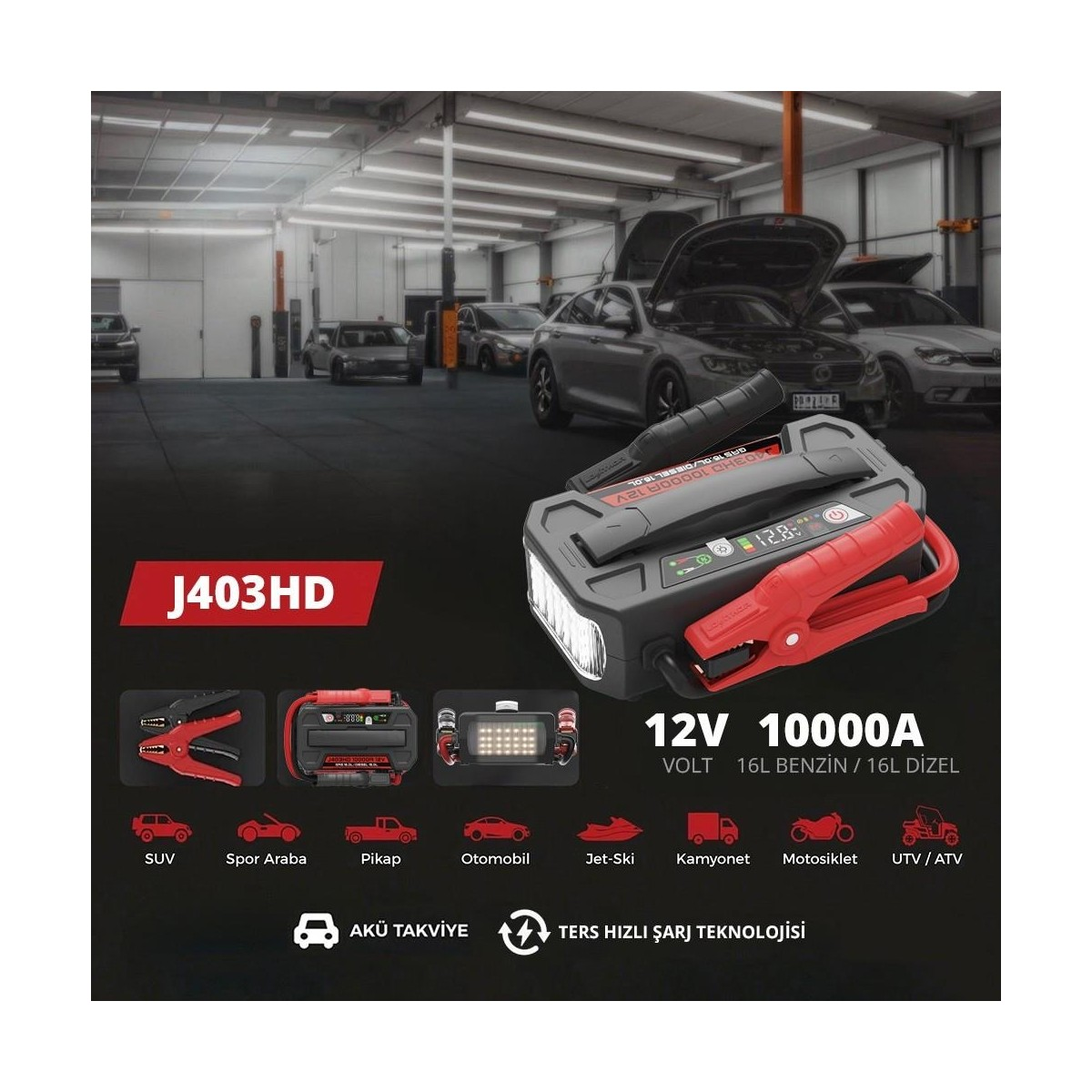 Kırmızı maşalı, LED ışıklı ve araç ikonlu J403HD 12V 10000A akü takviye cihazı.