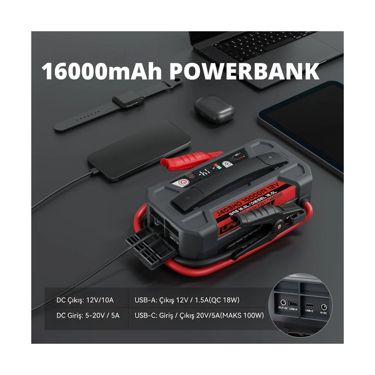 Takviye kabloları, akıllı telefon, akıllı saat, tablet ve dizüstü bilgisayar ile 16000mAh powerbank.