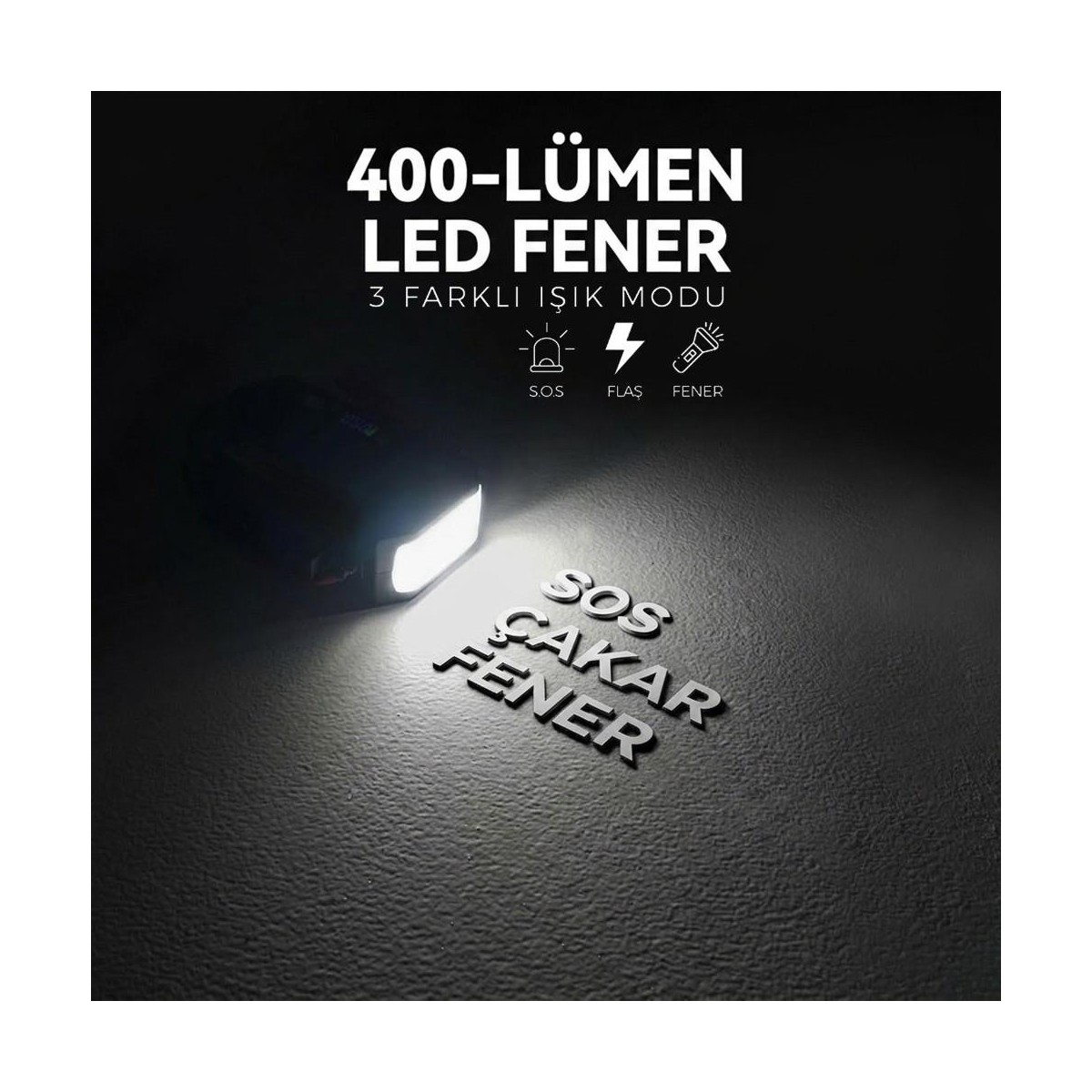 400 lümen LED el feneri karanlık bir yüzeyi aydınlatıyor, üç mod metni gösteriyor: SOS, flaş ve fener.