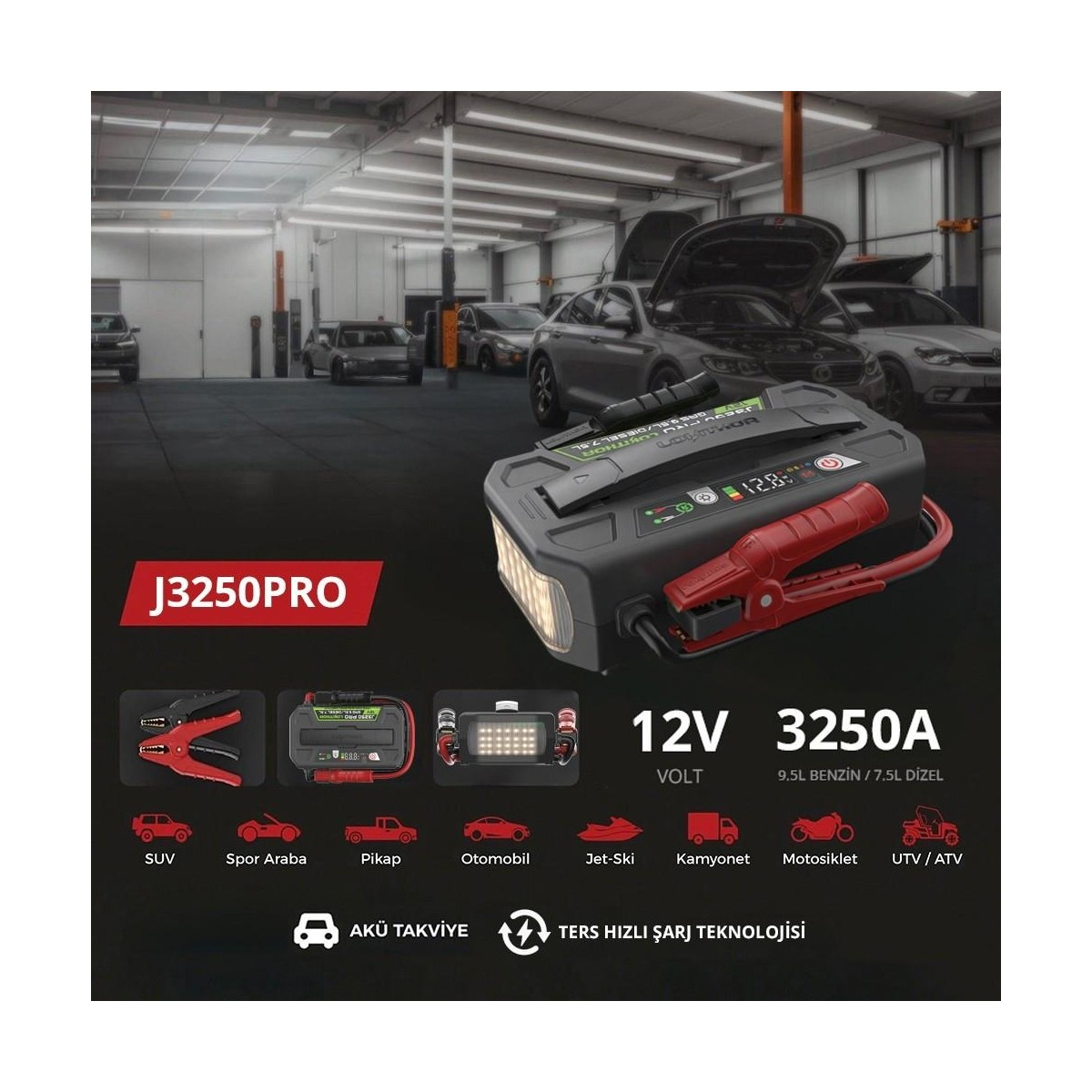 Garaj ortamında teknik özellikler ve araç simgeleriyle J3250PRO akü takviye cihazı.