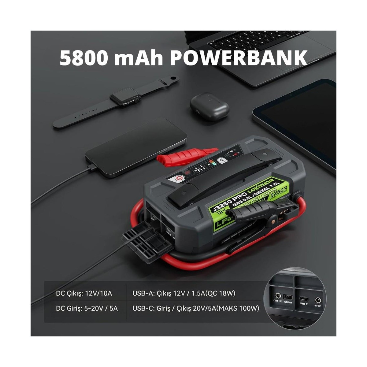 Akıllı saat, telefon, kulaklık, tablet ve dizüstü bilgisayarla çevrili, takviye kablolu 5800 mAh taşınabilir şarj cihazı.