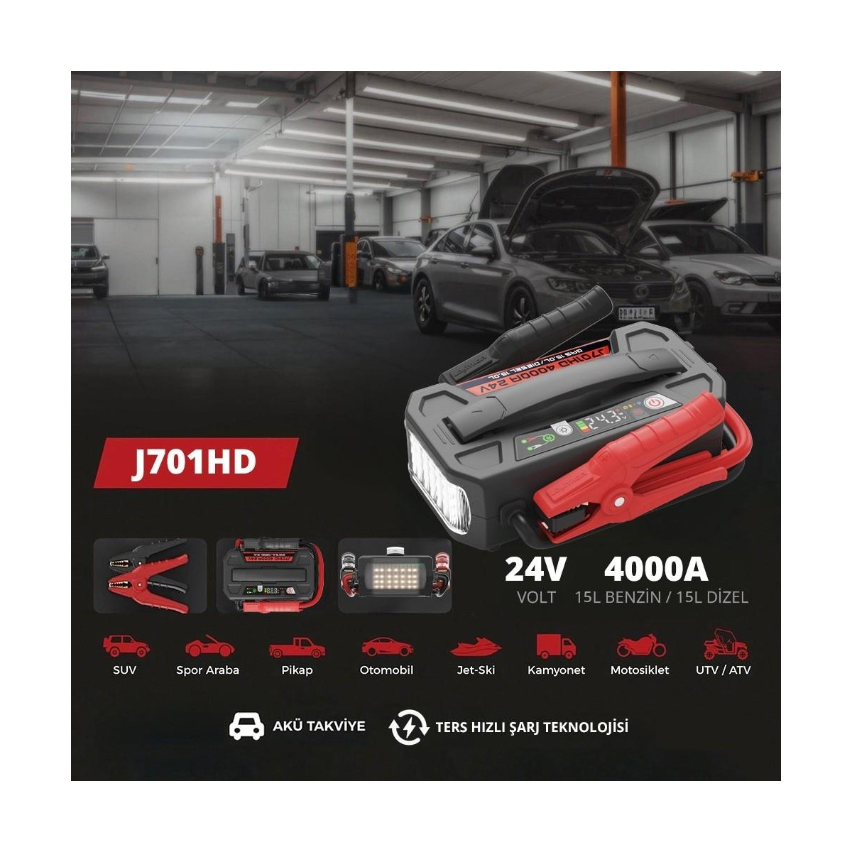 Bir tamirhanenin önünde kırmızı pensli taşınabilir 24V 4000A takviye cihazı.
