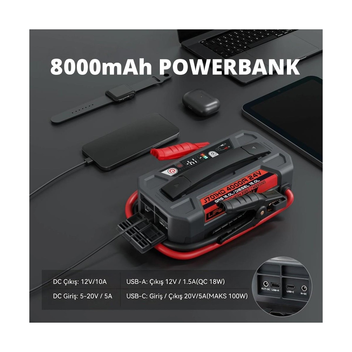 Gri masada kablolar, akıllı saat, telefon, tablet ve laptop ile 8000mAh powerbank.