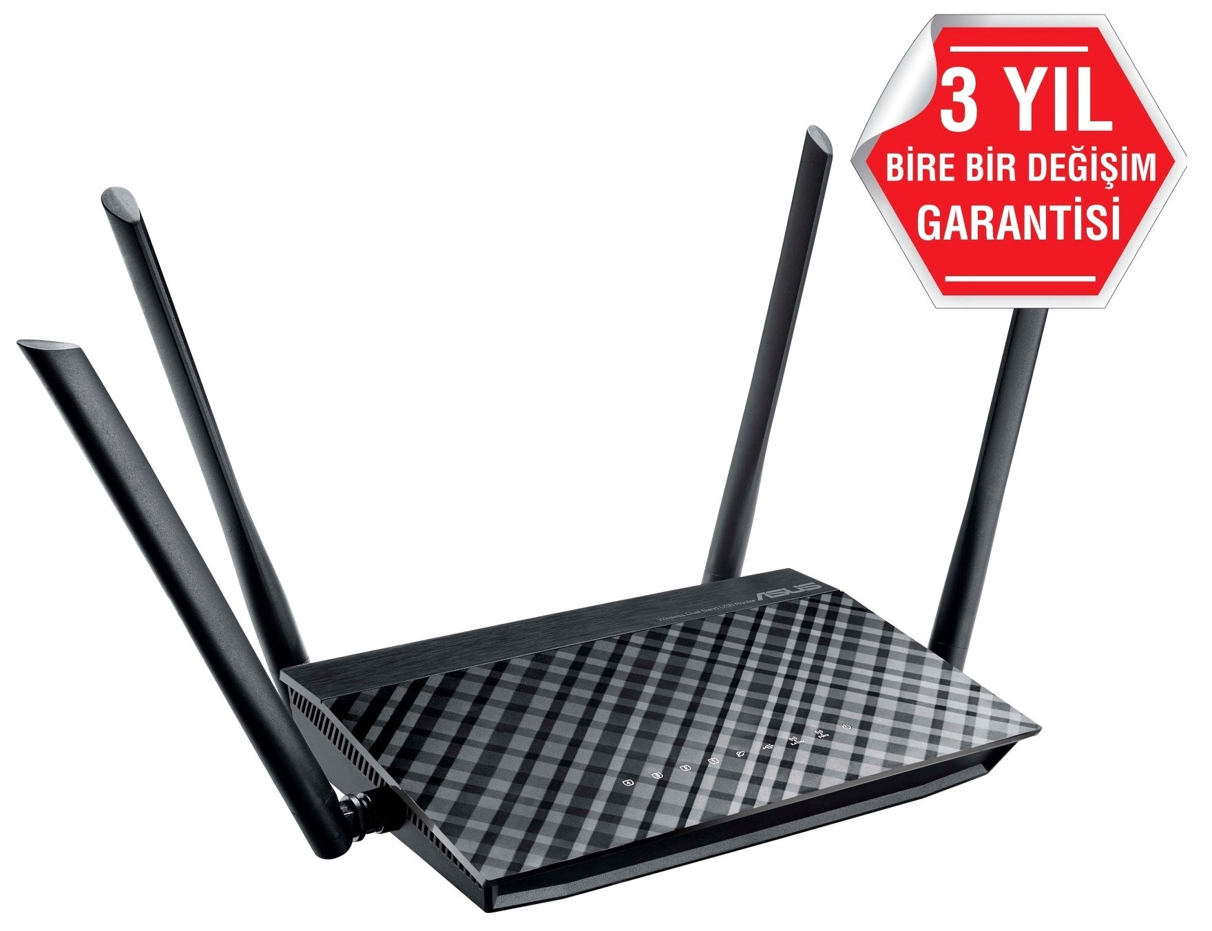 Dört antenli ve sağ üstte kırmızı garanti etiketli siyah Asus kablosuz yönlendirici.