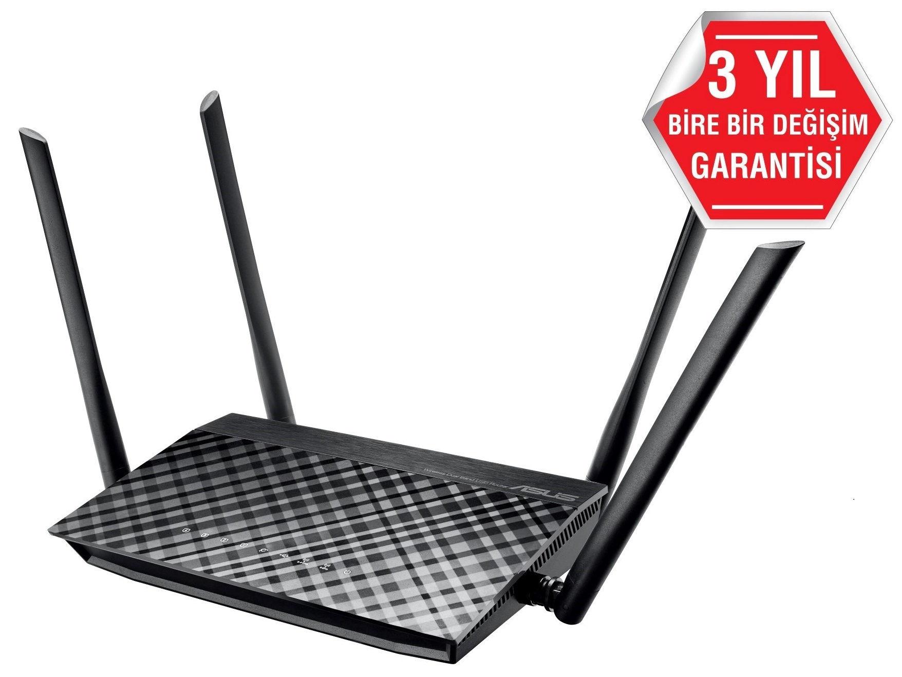 Dört antenli ve desenli üst yüzeye sahip siyah Asus kablosuz yönlendirici ve üzerinde 3 yıl garanti rozeti var.