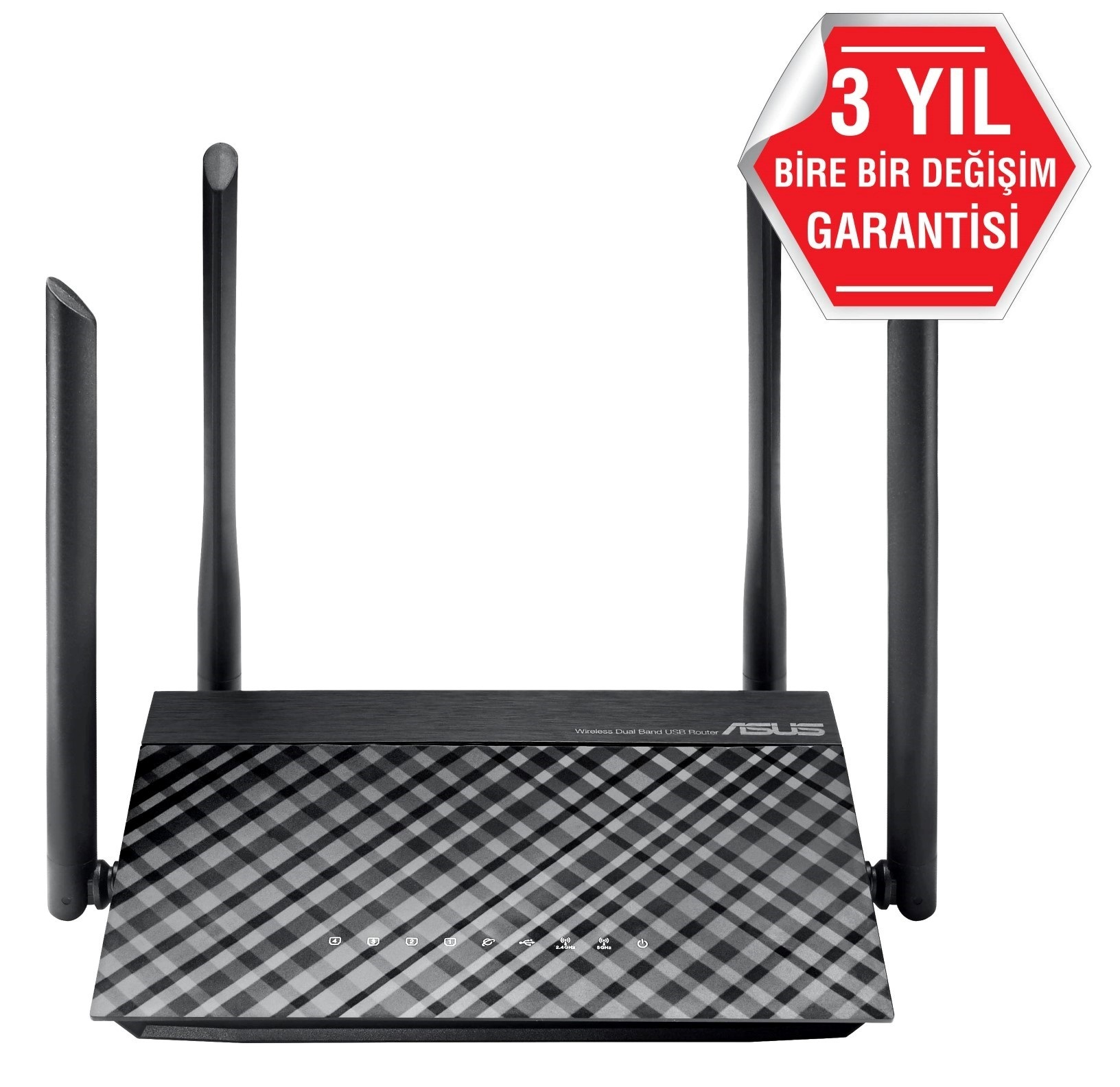 Dört dikey antenli ve desenli üst yüzeye sahip siyah ASUS kablosuz yönlendirici.