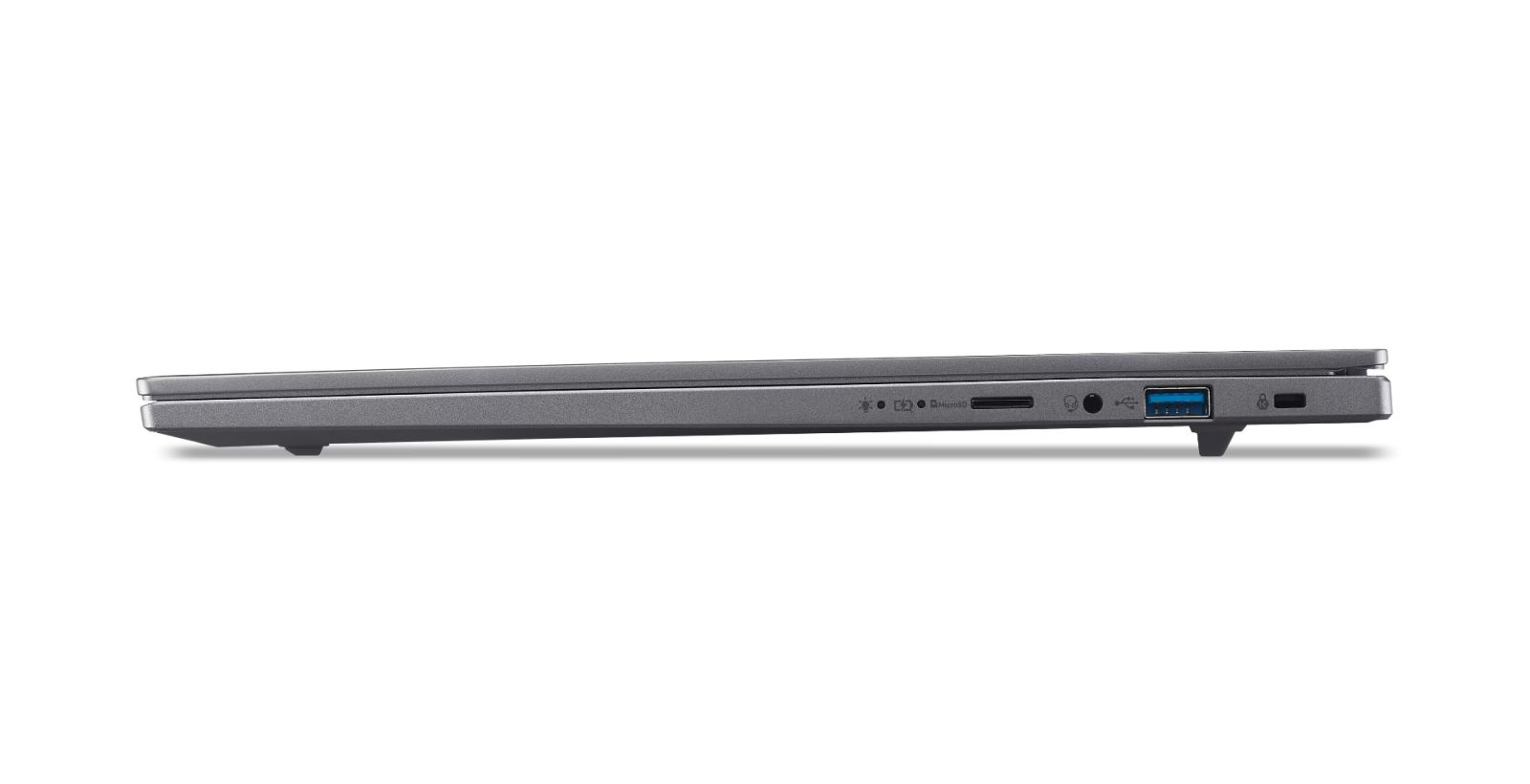Seitenansicht eines dünnen dunkelgrauen Laptops mit Anschlüssen wie USB, Audio und Kartenleser.