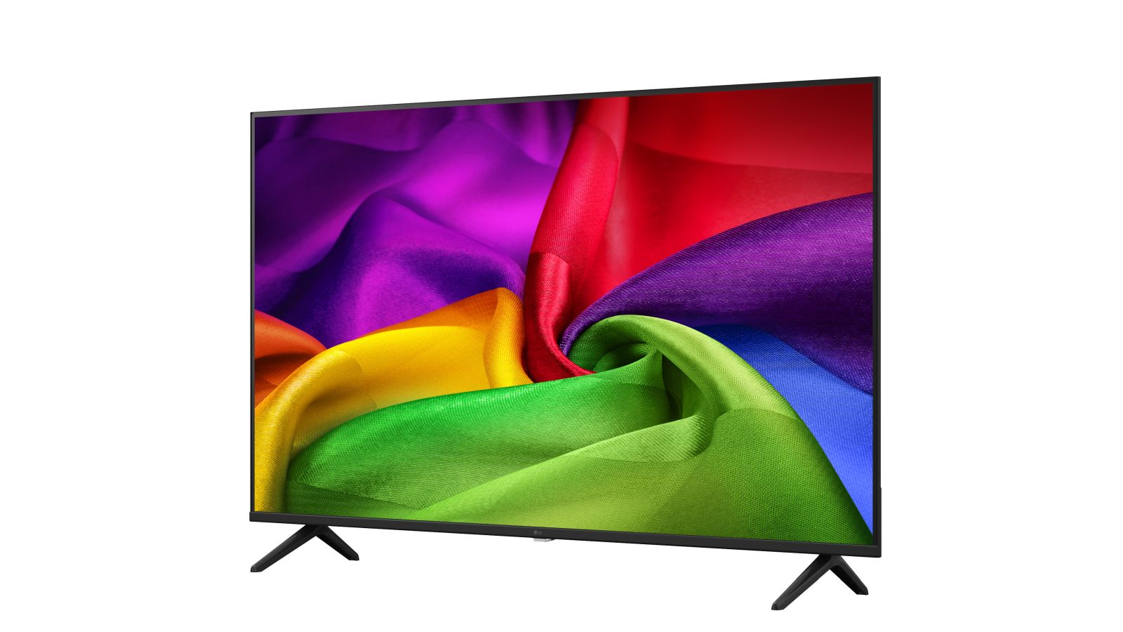 Una TV moderna con supporti a V mostra un tessuto di seta arcobaleno colorato e fluido.