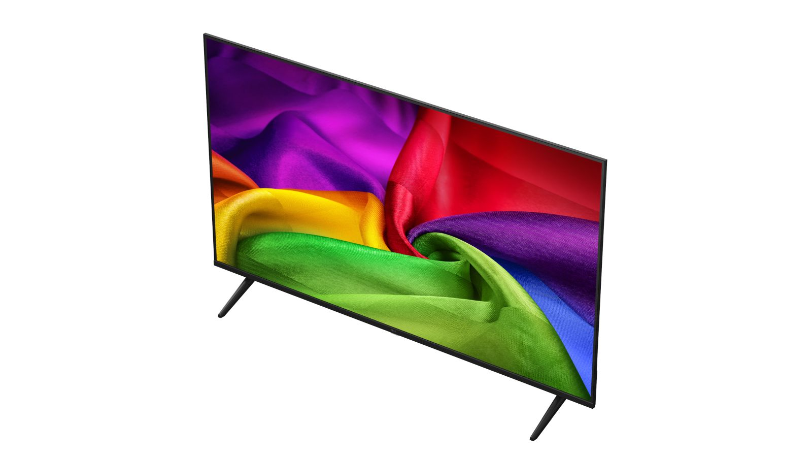 Una TV a schermo piatto su gambe sottili mostra un motivo in tessuto colorato in viola, rosso, giallo e verde.