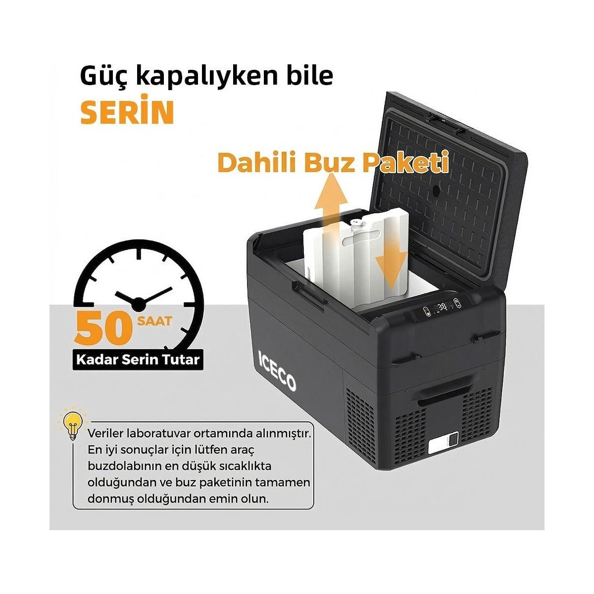 Kapağı açık siyah bir araç buzdolabı, dahili buz paketi ve Türkçe metin grafikleri.