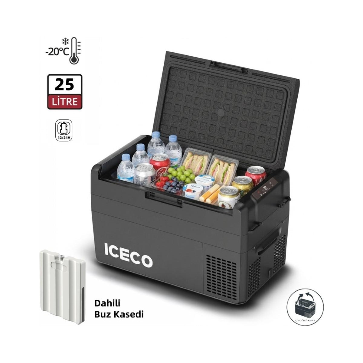 Siyah renkli Iceco 25L taşınabilir buzdolabı içecek, sandviç ve meyvelerle dolu, sıcaklık ve güç simgeleri yer alıyor.