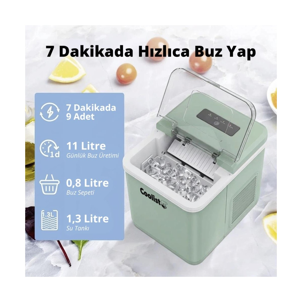 Açık kapaklı yeşil Coolist buz makinesi, buz küpleri ve teknik özellikler görseli.