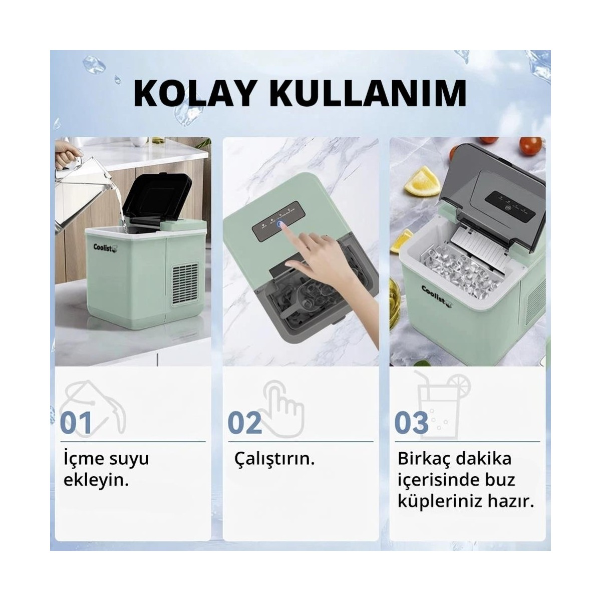 Yeşil buz makinesinin su ekleme, çalıştırma ve hazır buz adımlarını gösteren kullanım kılavuzu.