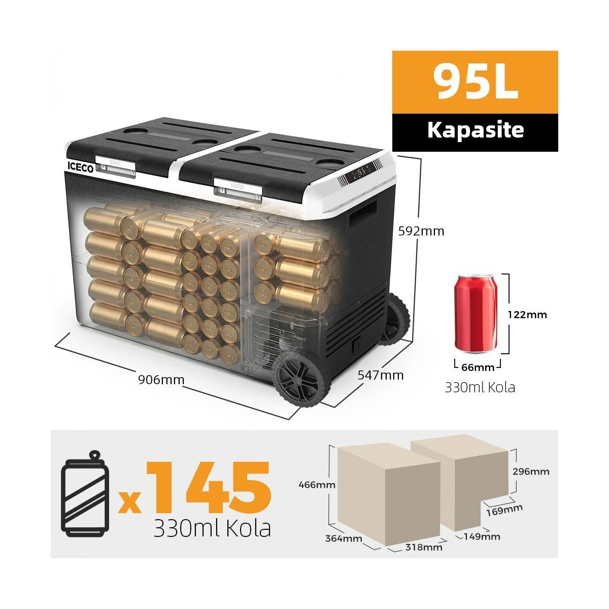 145 kutu kapasiteli ve boyutları gösterilen 95L Iceco taşınabilir buzdolabı.