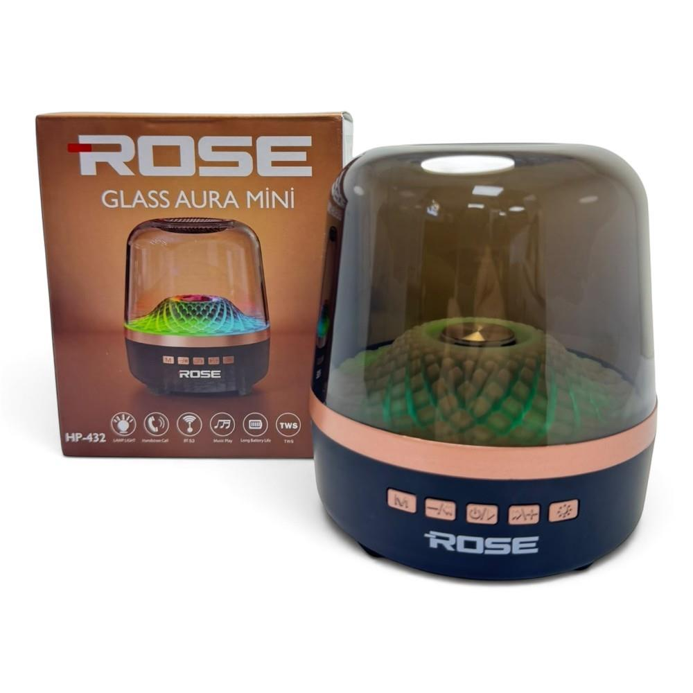 Koyu şeffaf kubbeli ve uyumlu ürün kutulu Rose Glass Aura Mini bluetooth hoparlör.