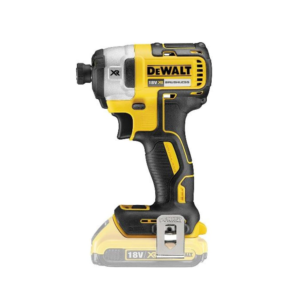 Atornillador de impacto inalámbrico DeWalt 18V amarillo y negro sobre fondo blanco.