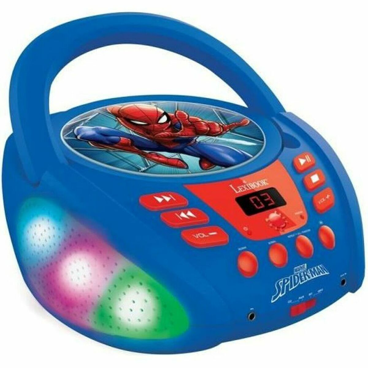 Un reproductor de CD de Spider-Man azul con luces brillantes, botones rojos y una pantalla digital.
