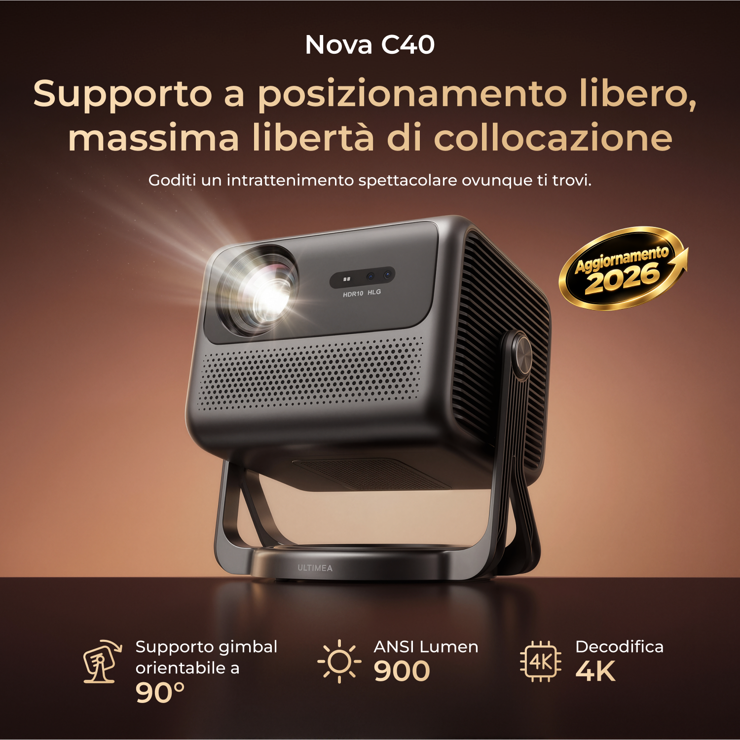 Proiettore nero Nova C40 su supporto con lente luminosa su sfondo marrone.
