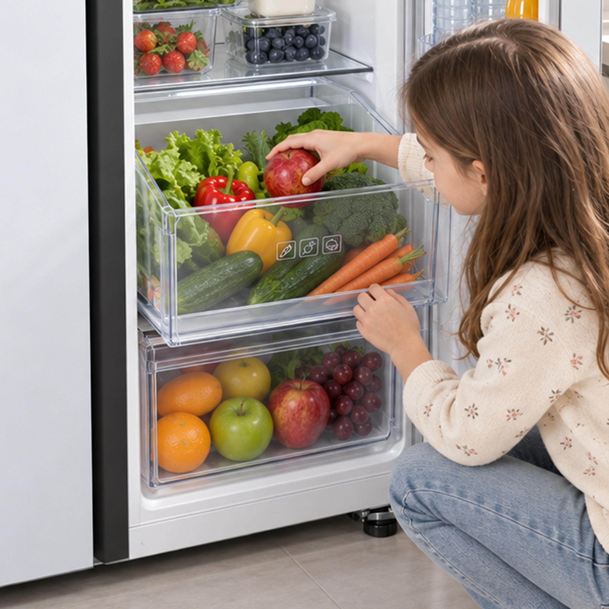 A young girl reaches into the refrigerator for a red apple, surrounded by fresh vegetables and fruits.
