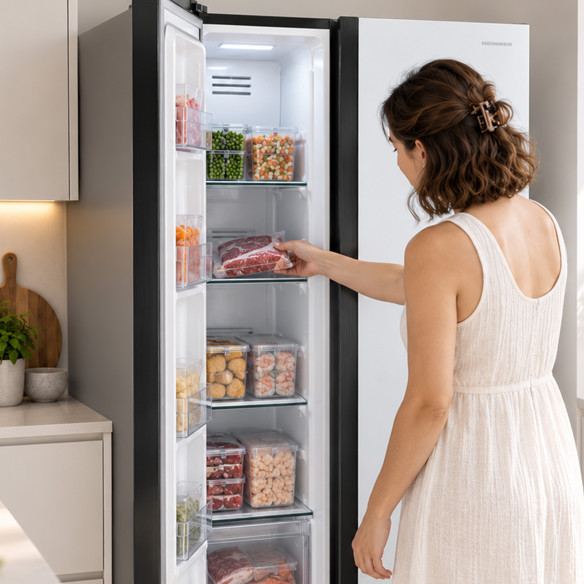 A woman in a white dress takes meat from a well-stocked refrigerator.