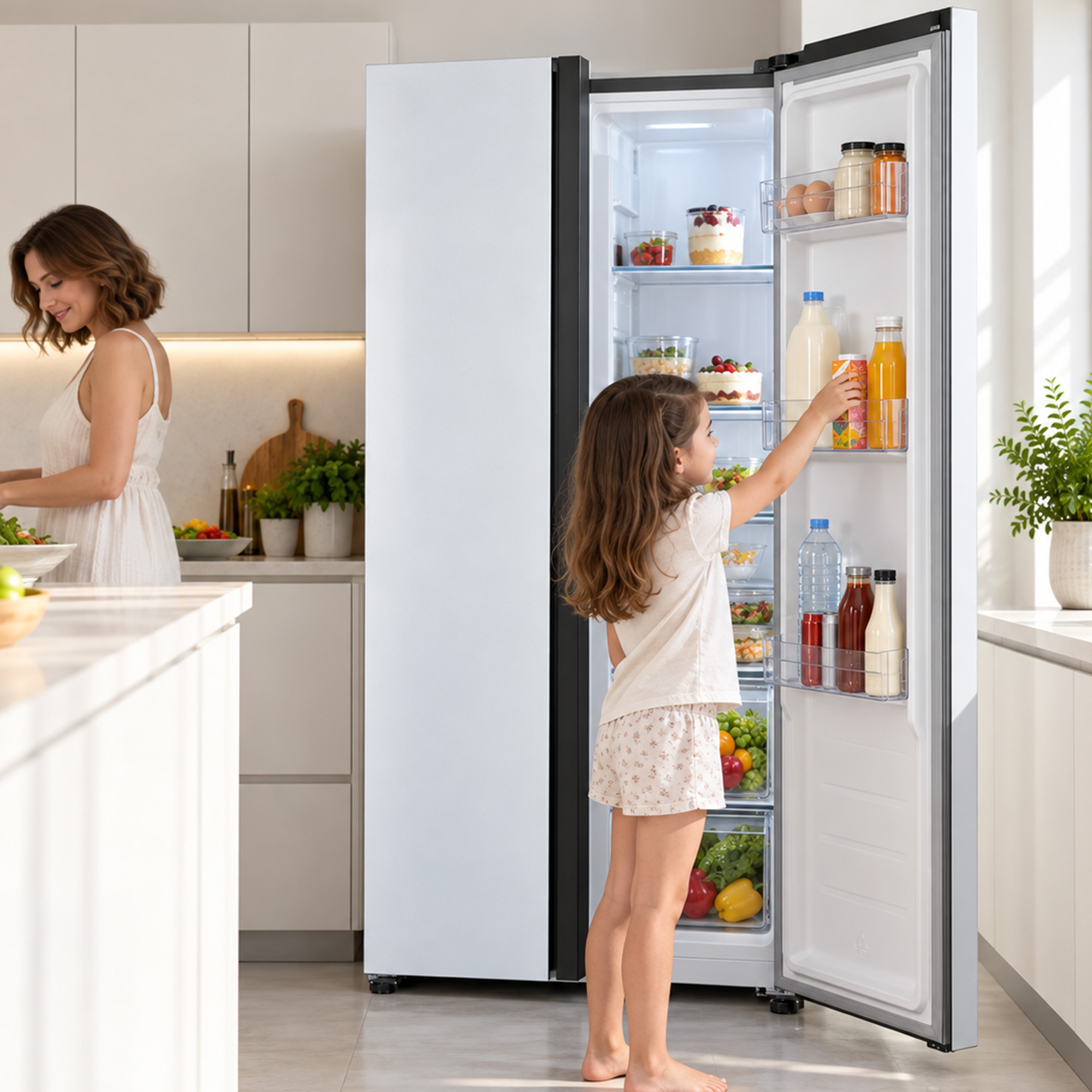 A girl reaches into an open refrigerator, while a woman cooks in the background of a bright kitchen.