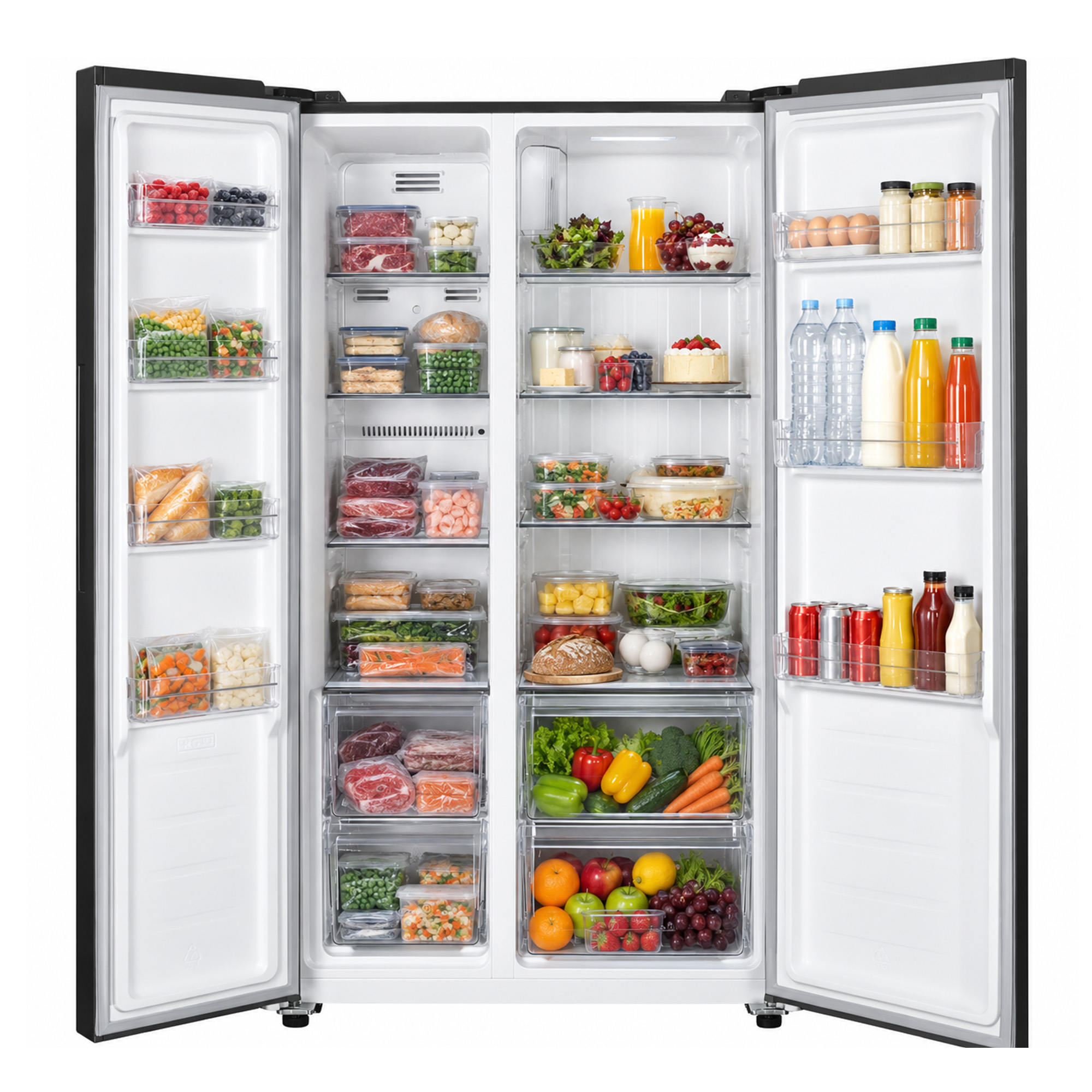 An open double-door refrigerator packed with fresh produce, groceries, fruits, and drinks on its organized shelves.