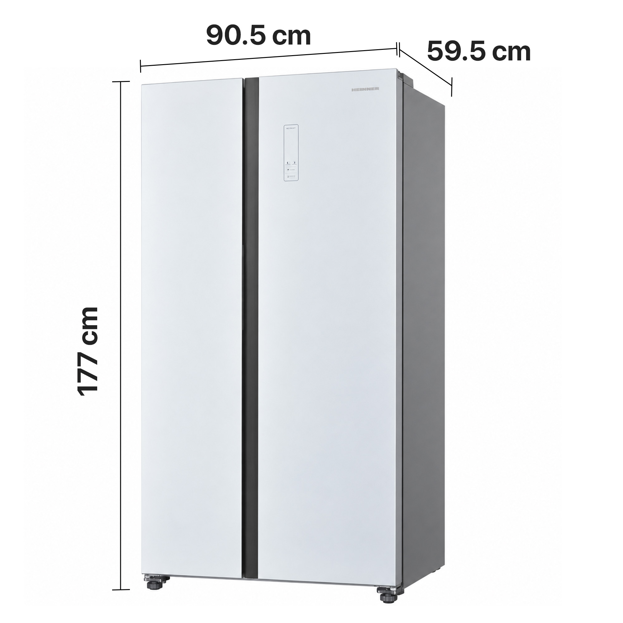 A silver side-by-side refrigerator showing dimensions of 177 cm height, 90.5 cm width, and 59.5 cm depth.